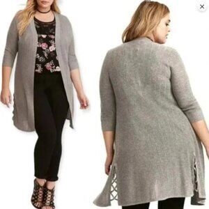 Torrid Gray Ribbed Knit Lattice Detail Long Cardigan NWT - Sz 2